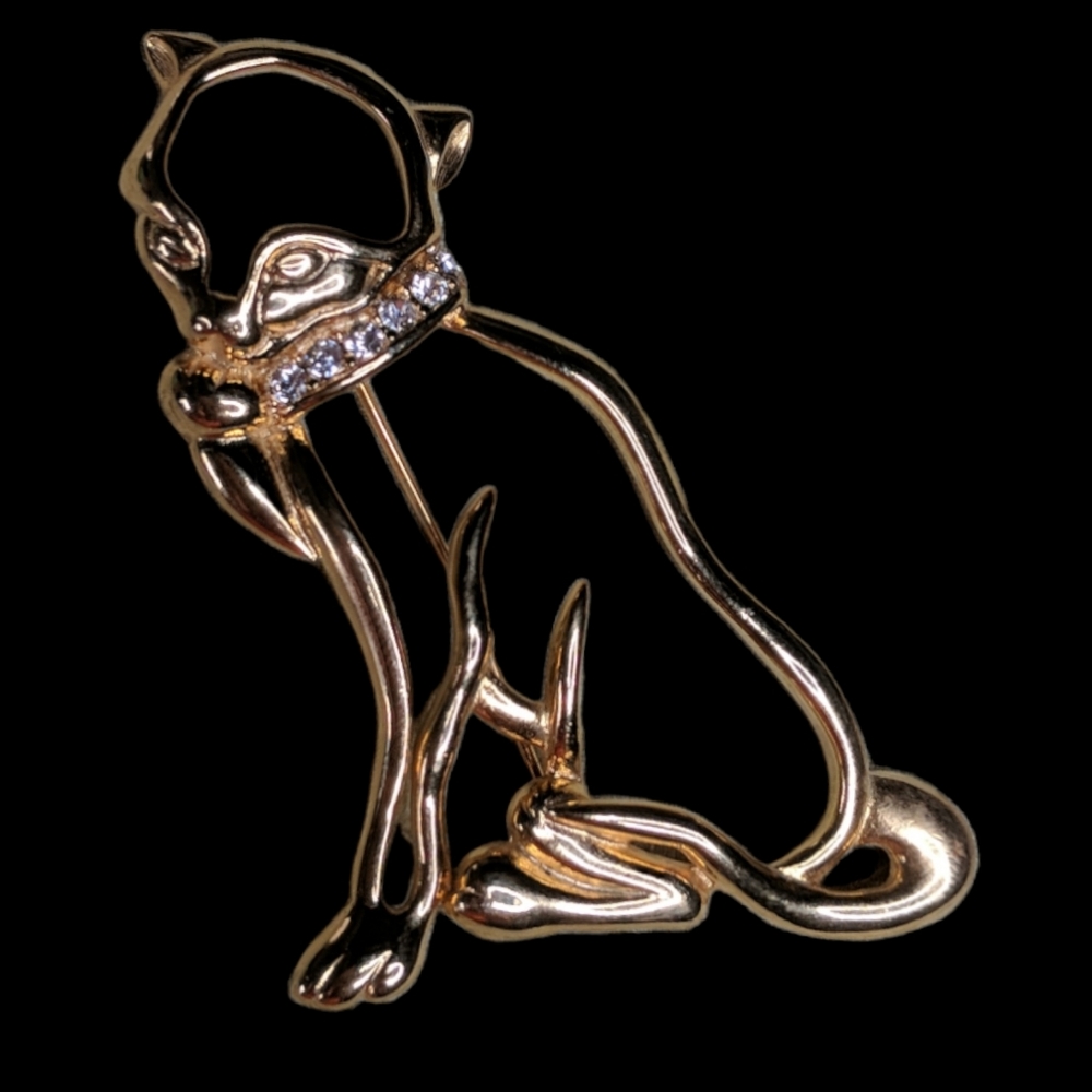 Toro Gold tone cat Brooch rhinestone collar
